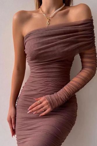 Sexy Diagonal Collar Wrap Mesh One Shoulder Sleeve Waist Solid Party Wedding Guest Dress