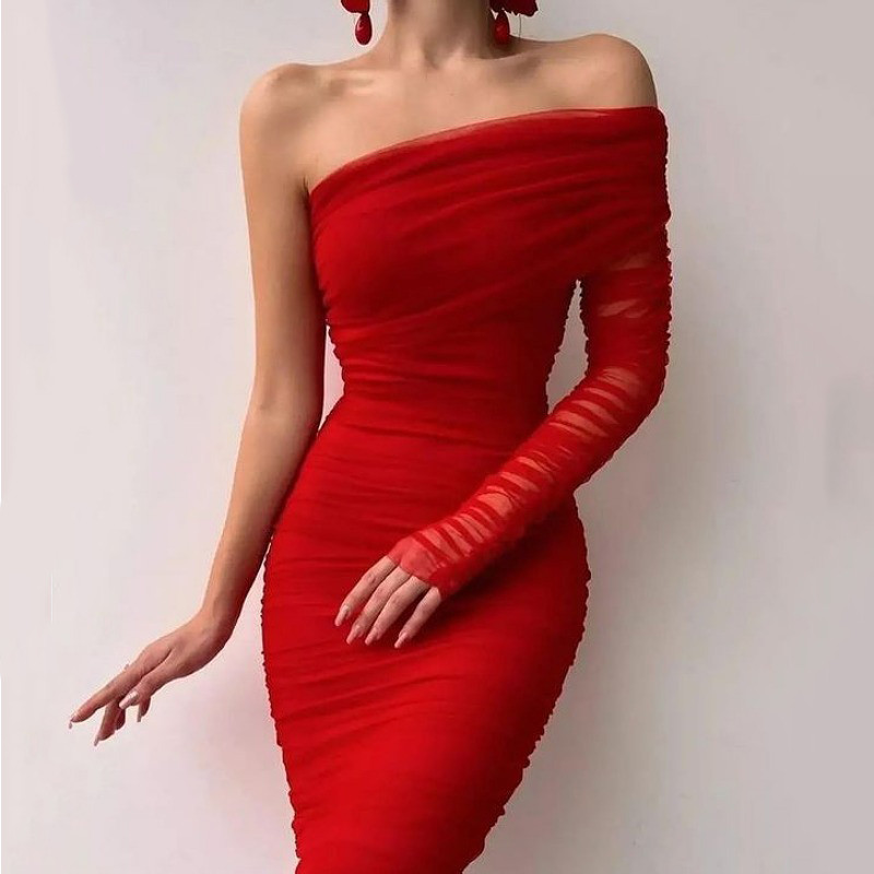 Sexy Diagonal Collar Wrap Mesh One Shoulder Sleeve Waist Solid Party Wedding Guest Dress