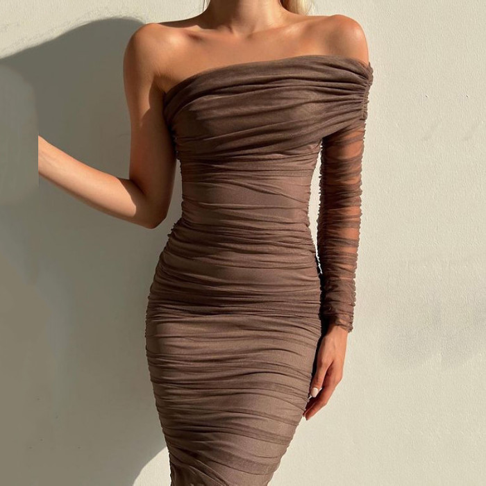 Sexy Diagonal Collar Wrap Mesh One Shoulder Sleeve Waist Solid Party Wedding Guest Dress