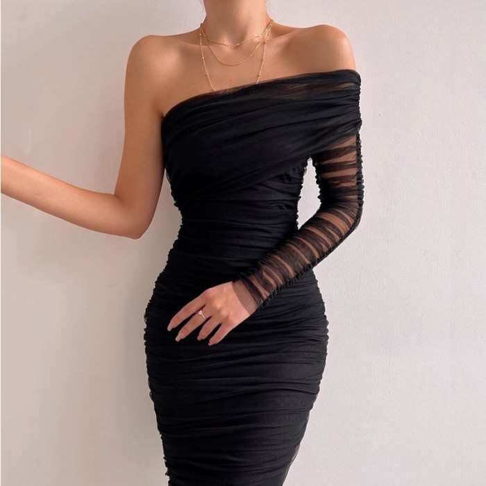 Sexy Diagonal Collar Wrap Mesh One Shoulder Sleeve Waist Solid Party Wedding Guest Dress