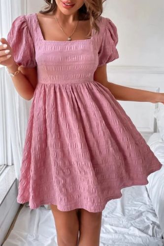 Elegant Fashion Square Neck Short Puff Sleeve A-line Wedding Guest Dress