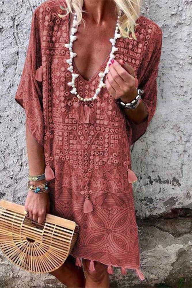 Sexy Beach Boho Style V-Neck Print Fringed Casual Dress