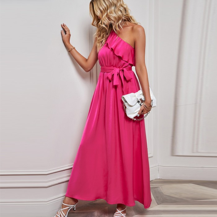 Women's Elegant Fashion Solid Color Crewneck Ruffle Party Wedding Guest Dress