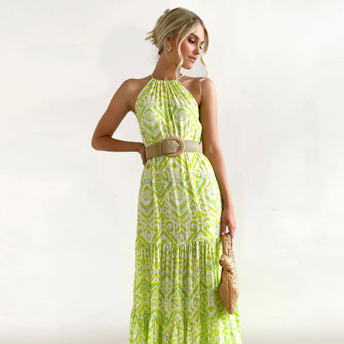 Fashion Casual Holiday Elegant Halter Neck Sleeveless Printed Maxi Dress