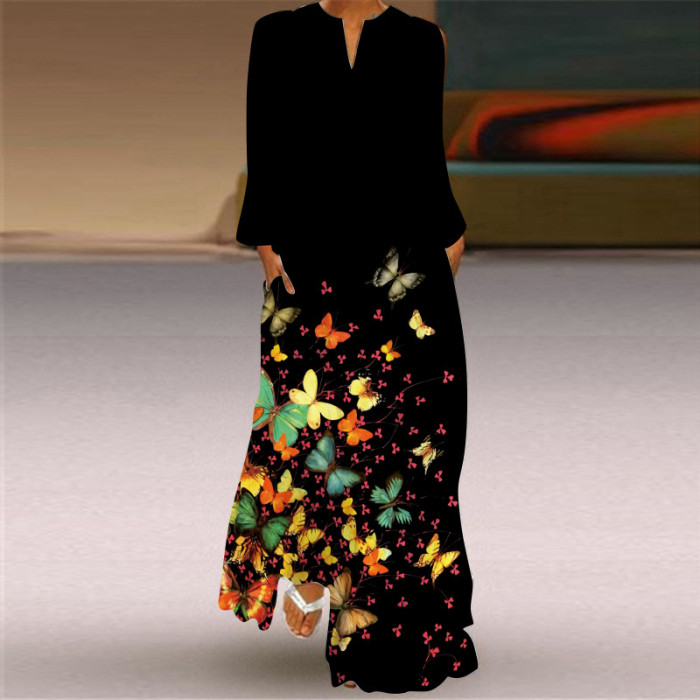 Women's Fashion V Neck Long Sleeve Pocket Print Loose  Maxi Dress