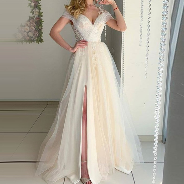Fashion V Neck Slit Sexy Lace Evening Dress Prom Wedding Guest Dress