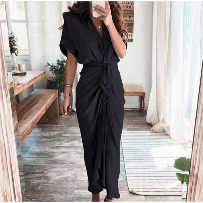 Women's Lapel Shirt Print Fashion Ruffle Solid Color Casual Maxi Dress