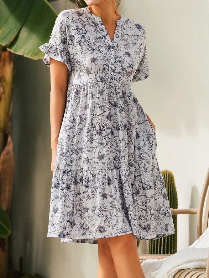 Deep V Neck Button Print Loose Bell Sleeve A-Line  Casual Dress