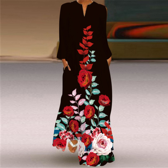 Women's Fashion V Neck Long Sleeve Pocket Print Loose  Maxi Dress