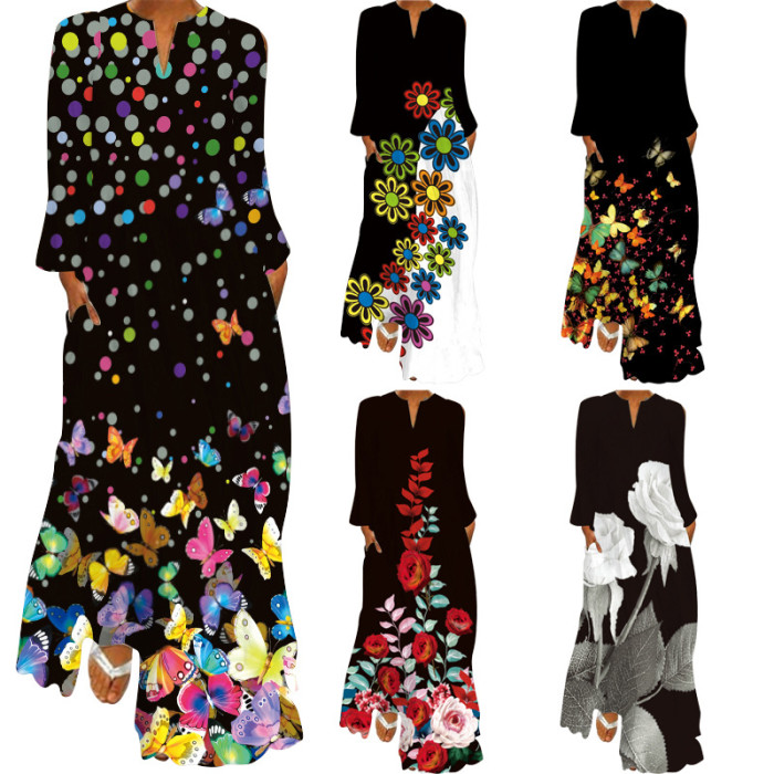 Women's Fashion V Neck Long Sleeve Pocket Print Loose  Maxi Dress