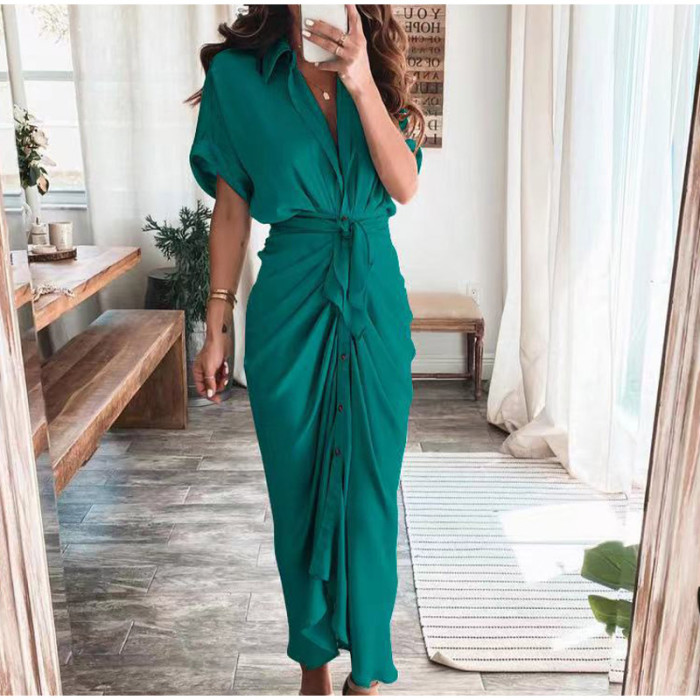 Women's Lapel Shirt Print Fashion Ruffle Solid Color Casual Maxi Dress