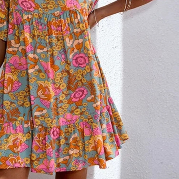 Fashion Ruffle Trim Long Sleeve Printed Pleated Loose Casual Dress