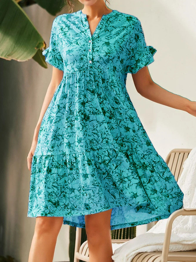 Deep V Neck Button Print Loose Bell Sleeve A-Line  Casual Dress