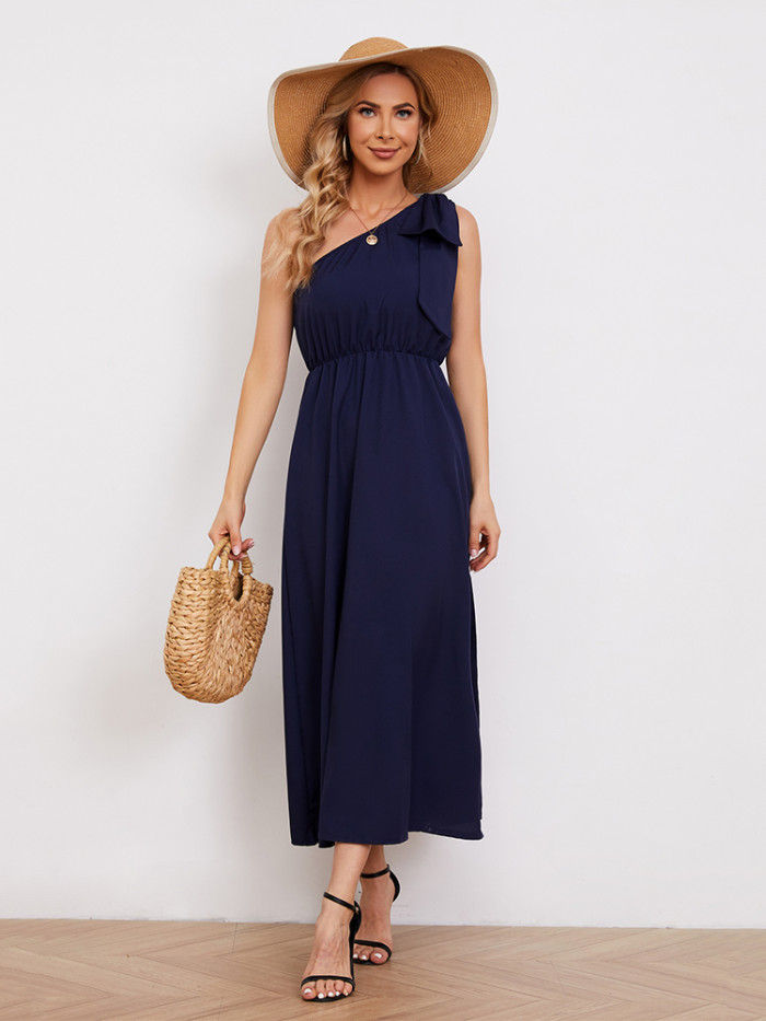 Retro One Shoulder Strap Bow Slant Collar Sleeveless Party Maxi Dress
