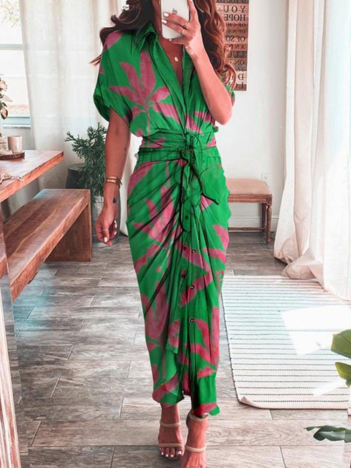 Women's Lapel Shirt Print Fashion Ruffle Solid Color Casual Maxi Dress