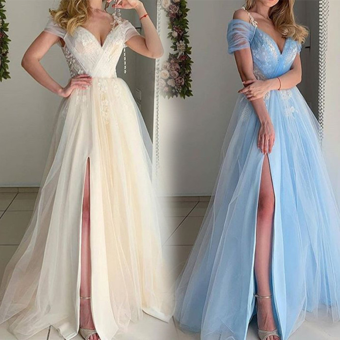 Fashion V Neck Slit Sexy Lace Evening Dress Prom Wedding Guest Dress