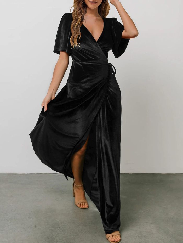 Fashion V Neck Slit Sexy Velvet Solid Color Party  Maxi Dress