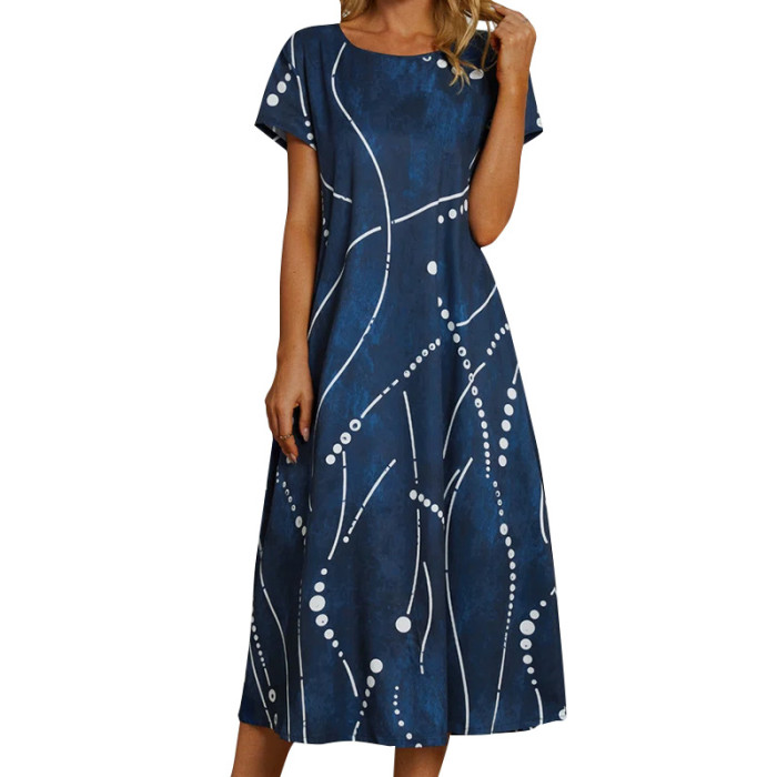 Women's Fashion Loose A-Line Short Sleeve Printed  Maxi Dress