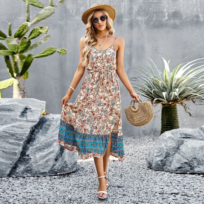 Trendy Bohemian Print Backless Sexy Beach Lace  Maxi Dress
