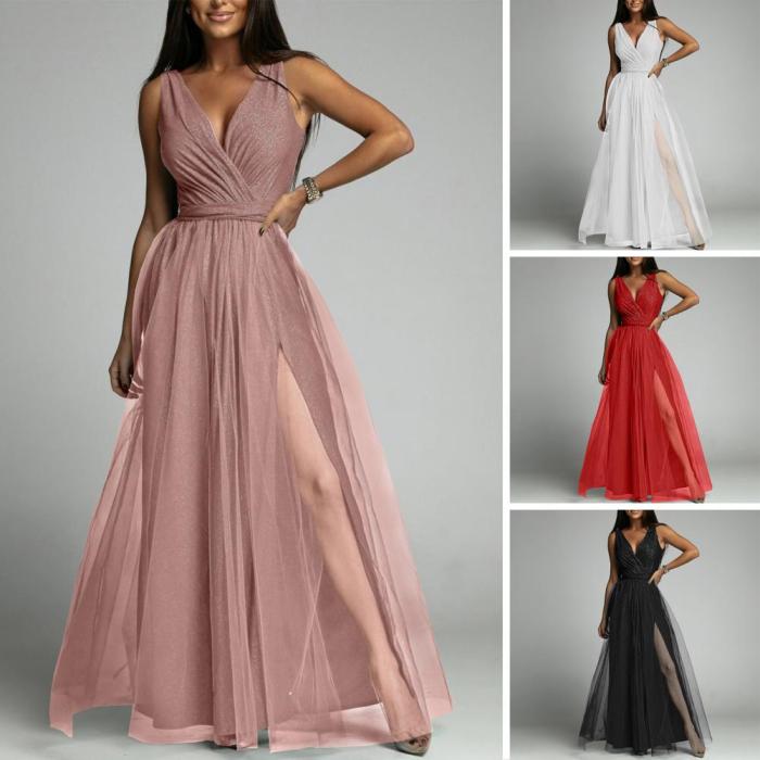 Fashion Sexy Formal V Neck Sleeveless Solid Color Prom Wedding Guest Dress