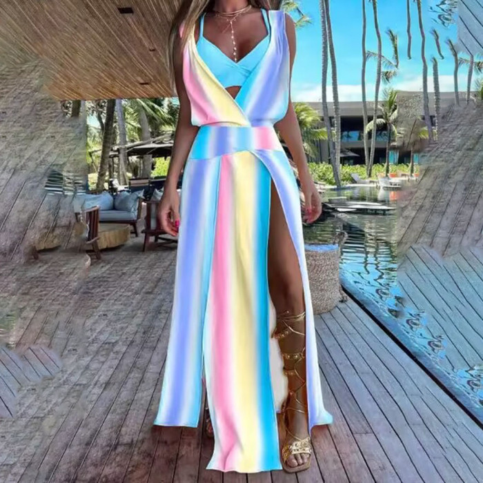 Deep V Neck Party Fashion Casual Sexy High Slit Boho Wedding Guest Dress