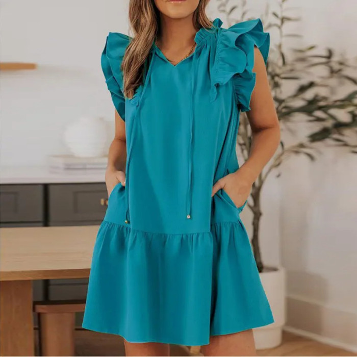 Fashion V Neck Loose Solid Color Pocket Casual Mini Dress