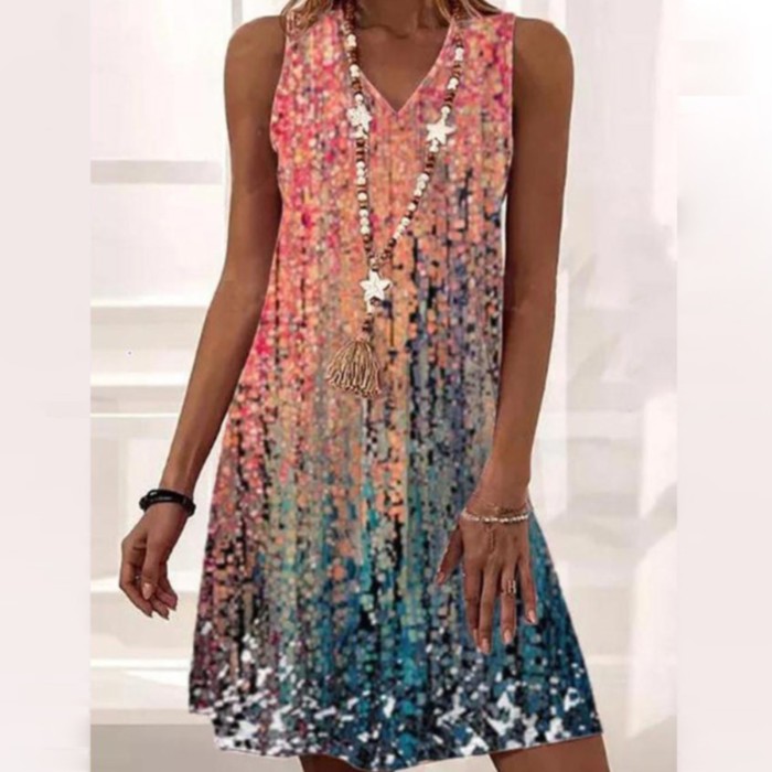 Summer Sleeveless Loose Gradient Print V Neck Casual Dress