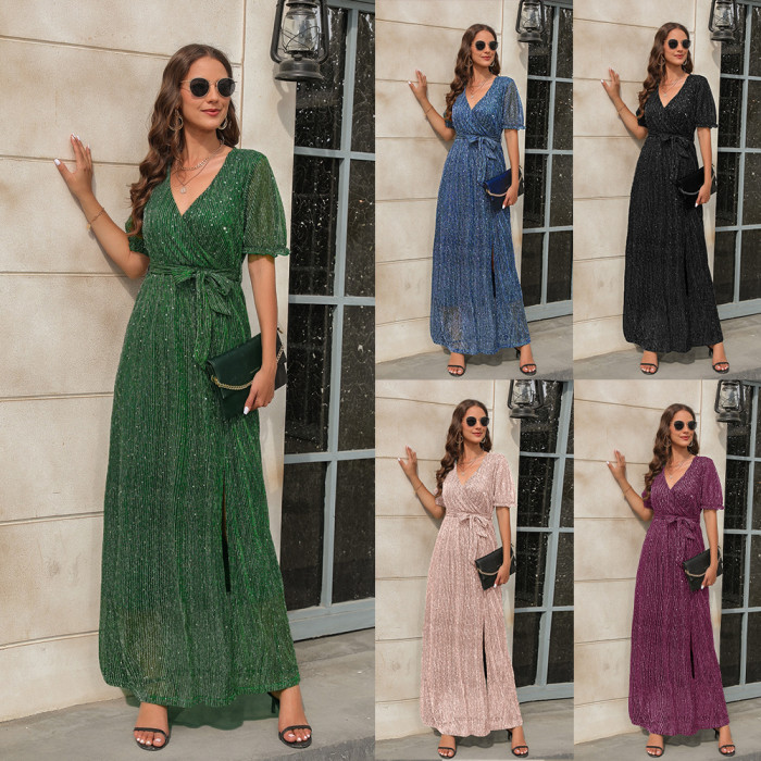Fashion Party V Neck High Neck Slit Elegant Evening  Maxi Dress
