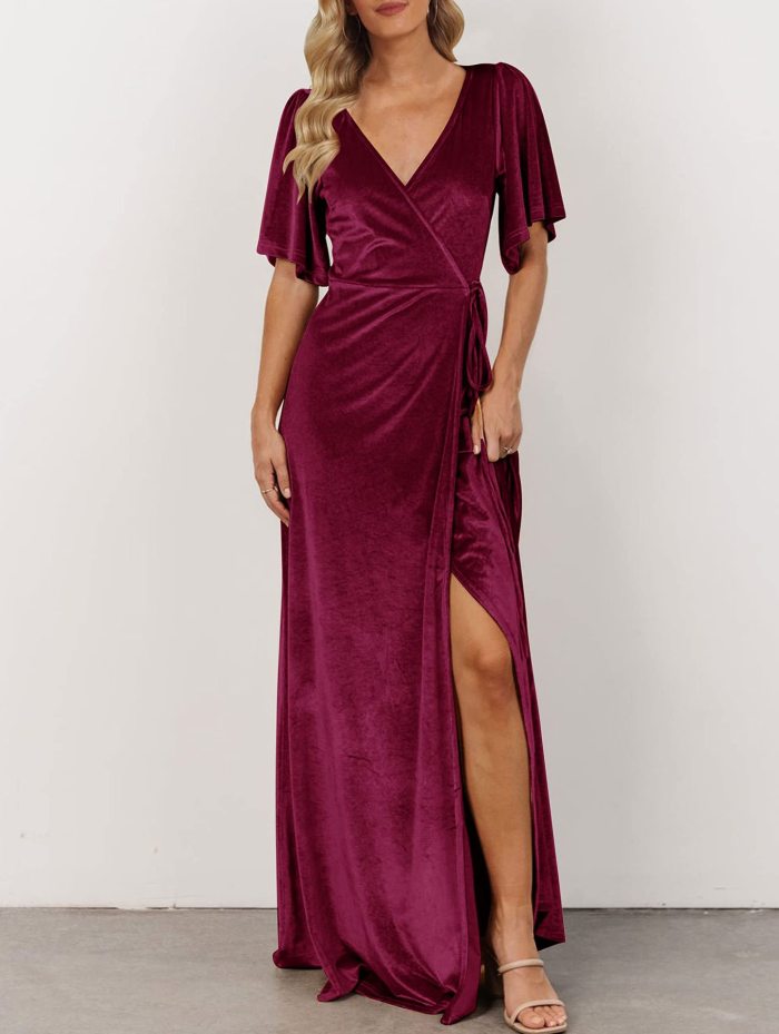 Fashion V Neck Slit Sexy Velvet Solid Color Party  Maxi Dress