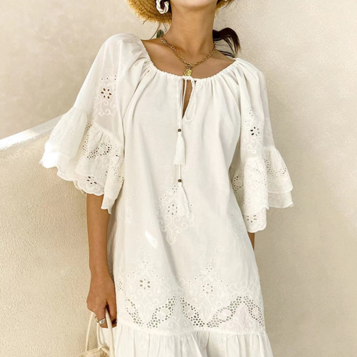 Summer Loose White Lace Hollow Embroidery Bohemian Wedding Guest Dress