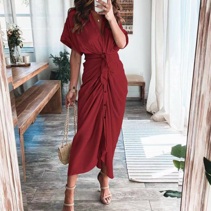 Women's Lapel Shirt Print Fashion Ruffle Solid Color Casual Maxi Dress