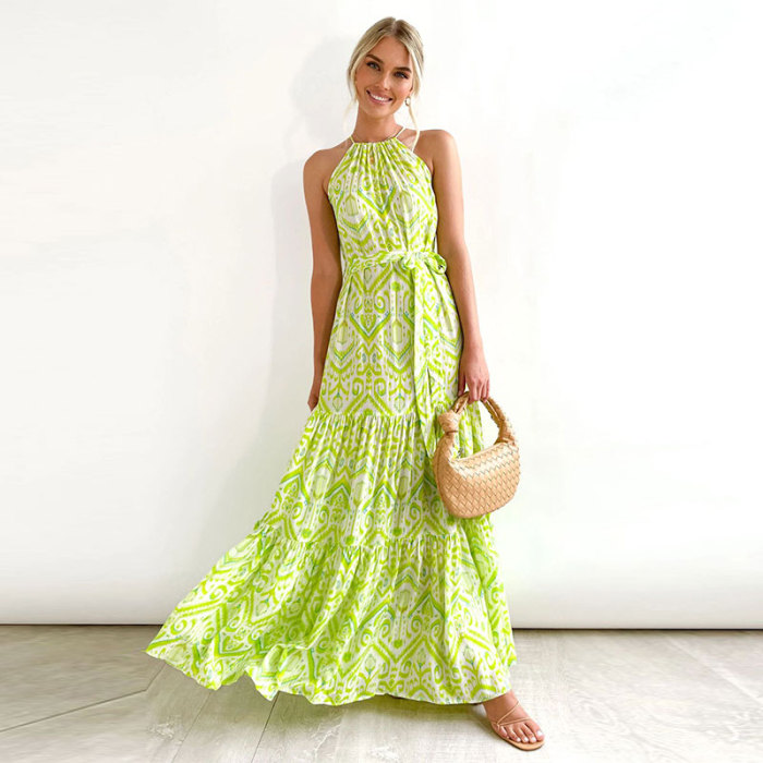 Fashion Casual Holiday Elegant Halter Neck Sleeveless Printed Maxi Dress