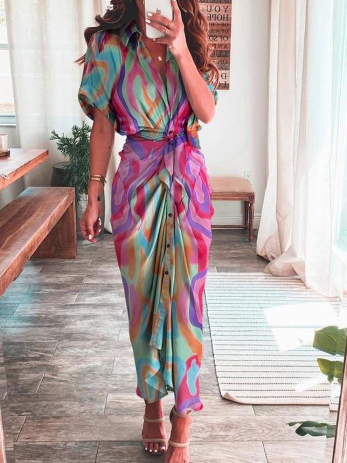 Women's Lapel Shirt Print Fashion Ruffle Solid Color Casual Maxi Dress