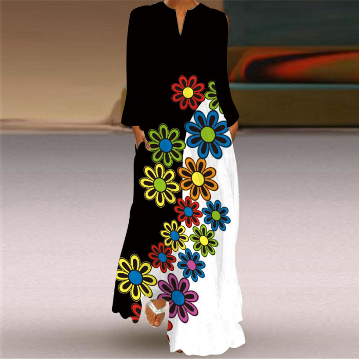 Women's Fashion V Neck Long Sleeve Pocket Print Loose  Maxi Dress