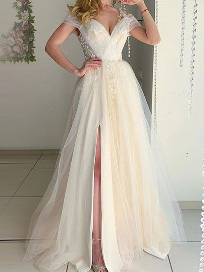Fashion V Neck Slit Sexy Lace Evening Dress Prom Wedding Guest Dress