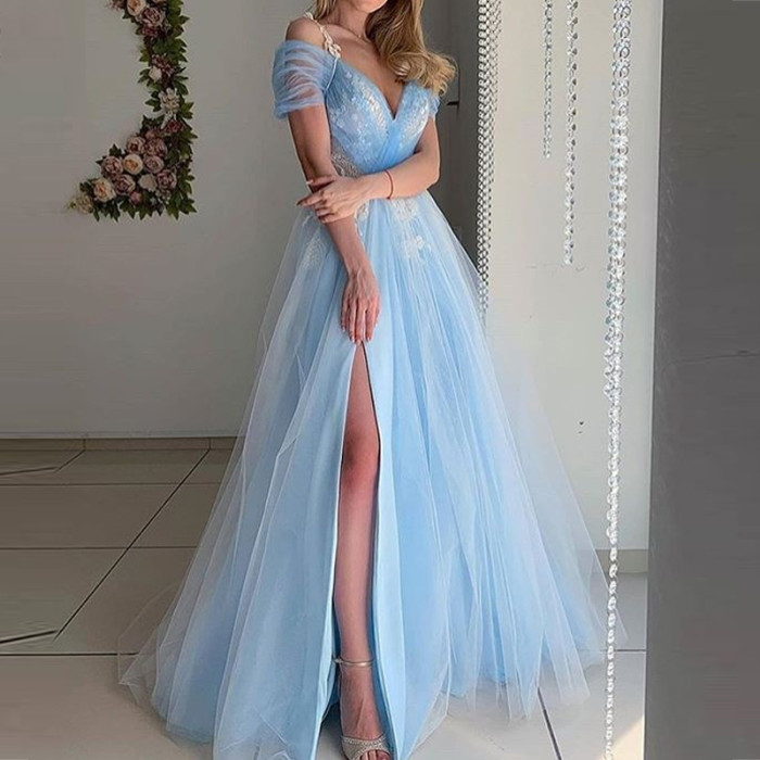Fashion V Neck Slit Sexy Lace Evening Dress Prom Wedding Guest Dress