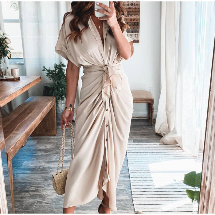 Women's Lapel Shirt Print Fashion Ruffle Solid Color Casual Maxi Dress