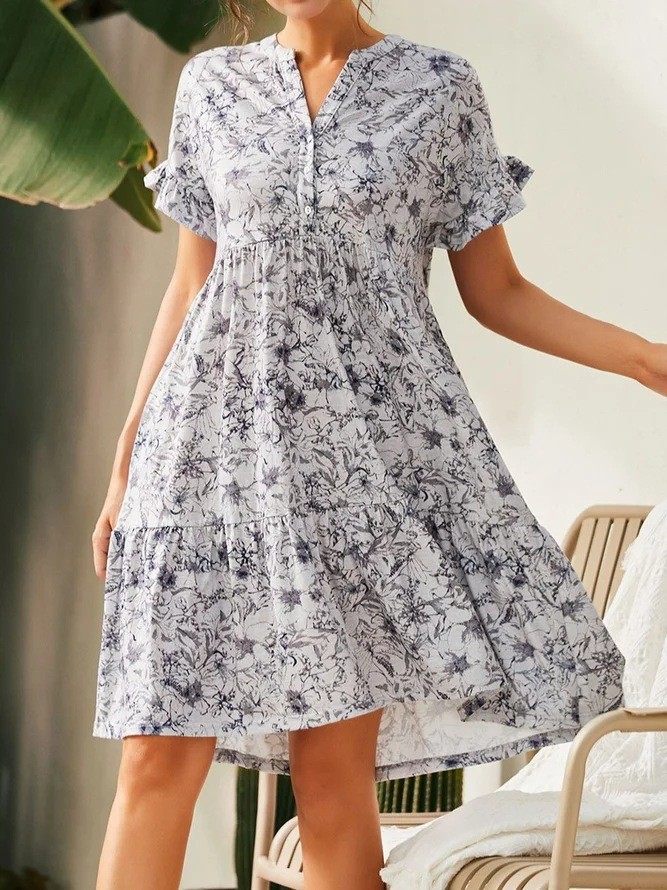 Deep V Neck Button Print Loose Bell Sleeve A-Line  Casual Dress
