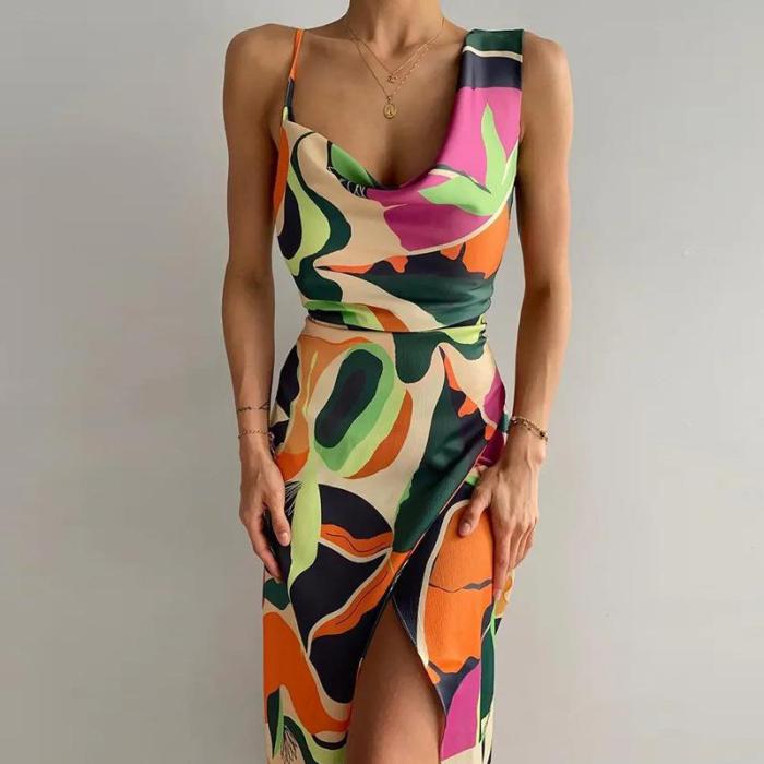 Ladies Fashion Print Elegant U Neck High Waist  Maxi Dress