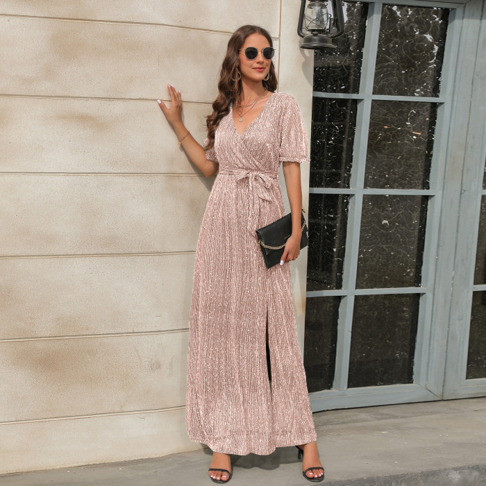 Fashion Party V Neck High Neck Slit Elegant Evening  Maxi Dress