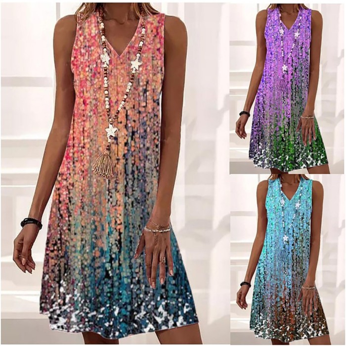 Summer Sleeveless Loose Gradient Print V Neck Casual Dress