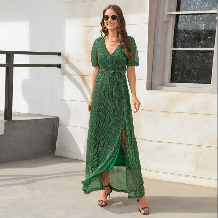 Fashion Party V Neck High Neck Slit Elegant Evening  Maxi Dress