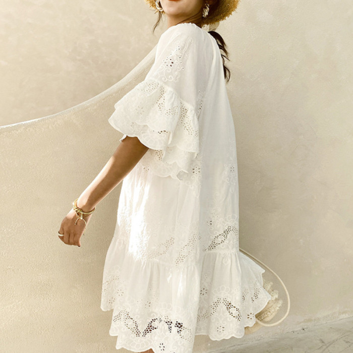 Summer Loose White Lace Hollow Embroidery Bohemian Wedding Guest Dress