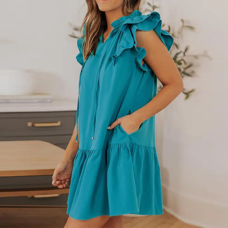 Fashion V Neck Loose Solid Color Pocket Casual Mini Dress