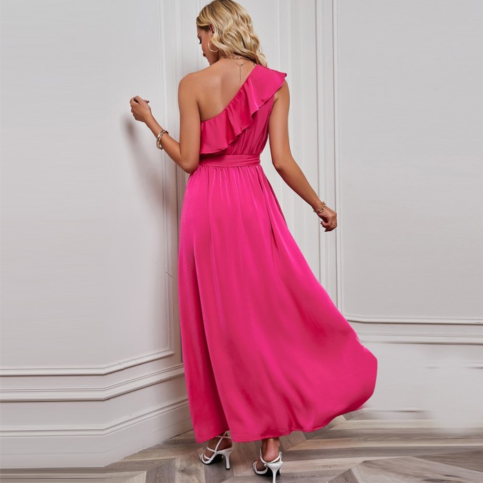 Women's Elegant Fashion Solid Color Crewneck Ruffle Party Wedding Guest Dress