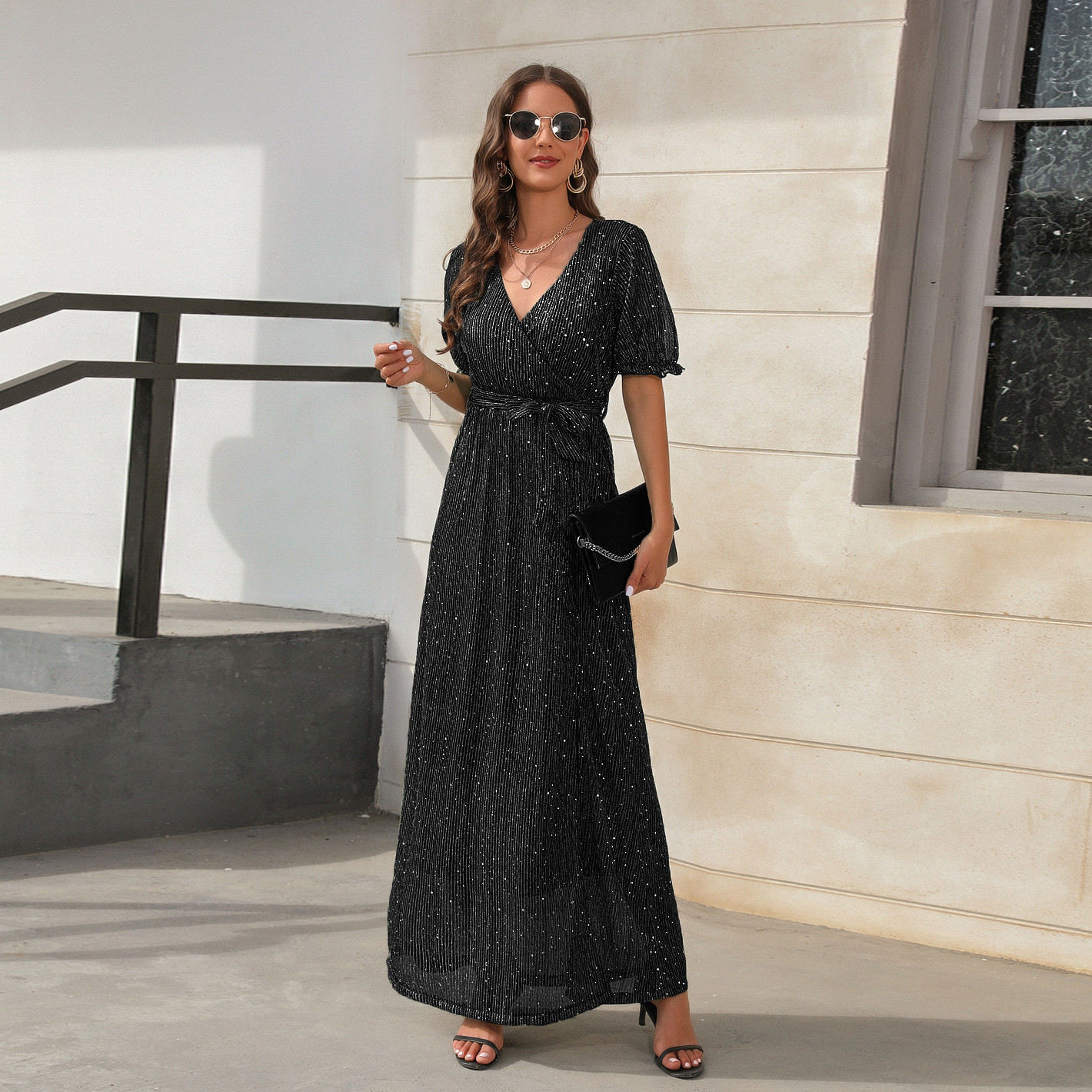 Elegant V-neck Pleated Fringe Maxi Dress main image 0