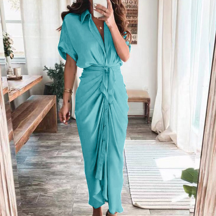 Women's Lapel Shirt Print Fashion Ruffle Solid Color Casual Maxi Dress
