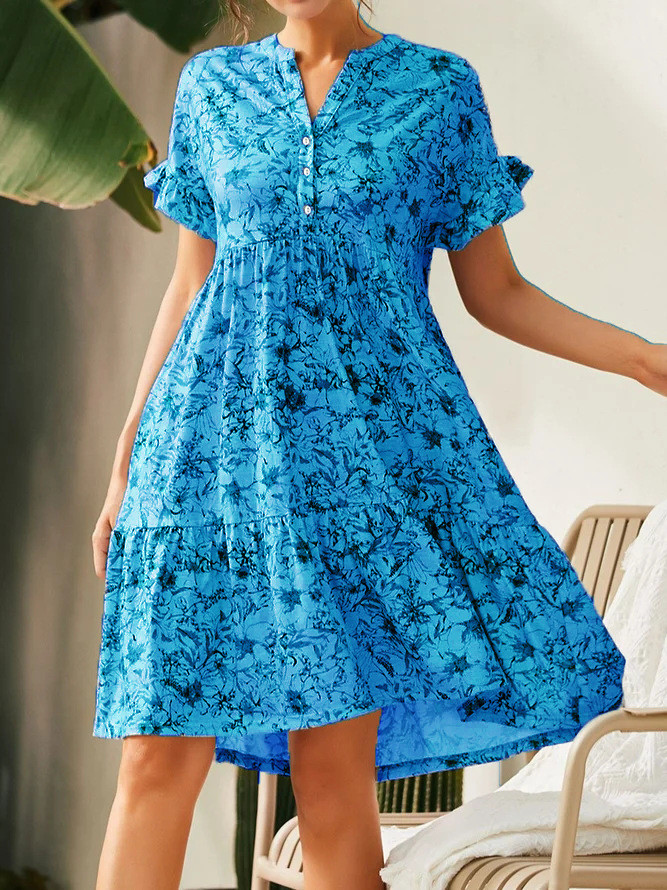 Deep V Neck Button Print Loose Bell Sleeve A-Line  Casual Dress