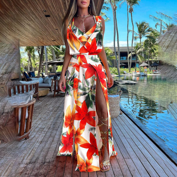 Deep V Neck Party Fashion Casual Sexy High Slit Boho Wedding Guest Dress