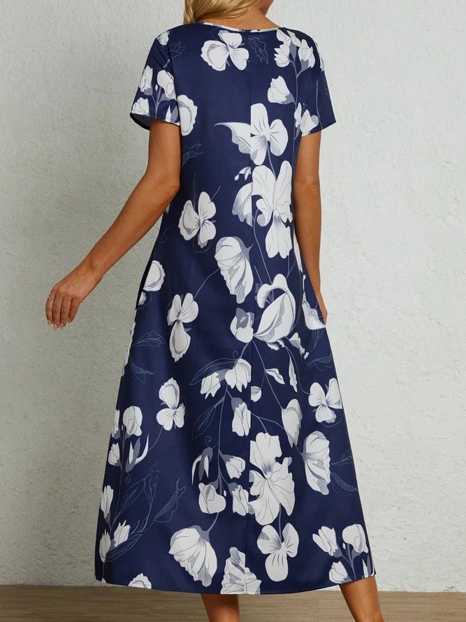 Women's Fashion Loose A-Line Short Sleeve Printed  Maxi Dress
